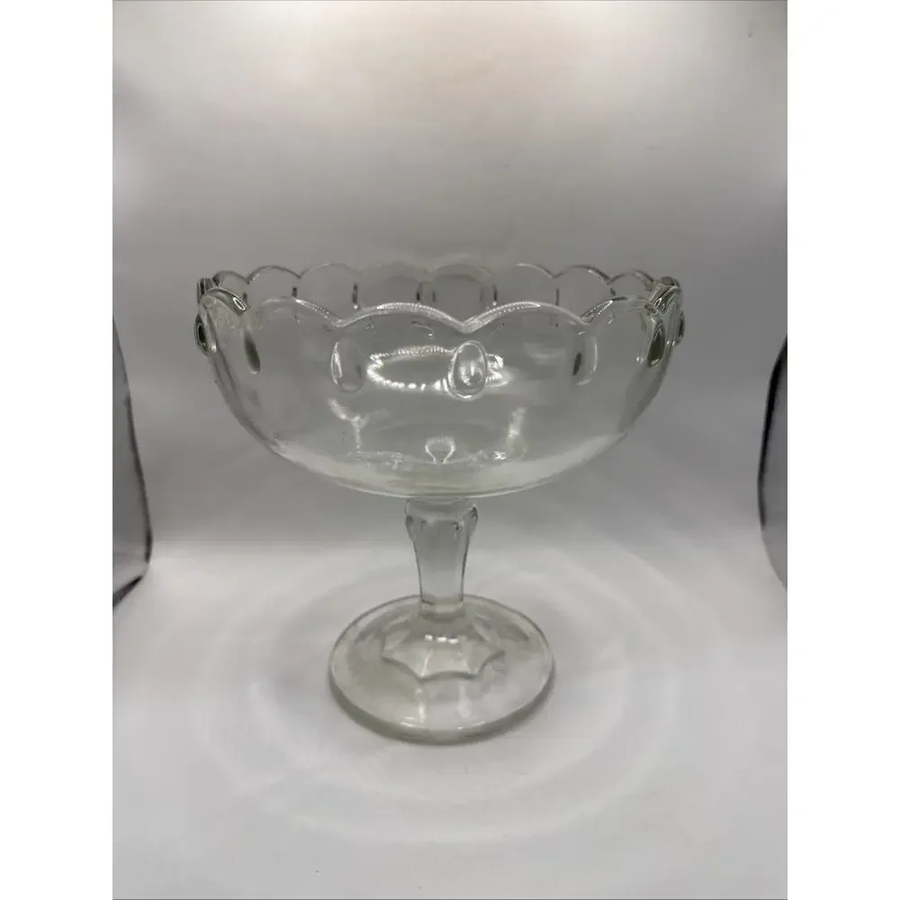 Vintage Clear Pressed Glass Pedestal Compote Bowl Scalloped Rim 7.5” *
